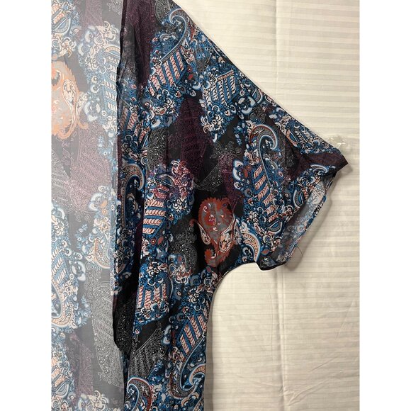 Sheer Paisley Open-Front Kimono Cardigan XXL Lightweight Boho Purple Blue Black - Picture 4 of 15